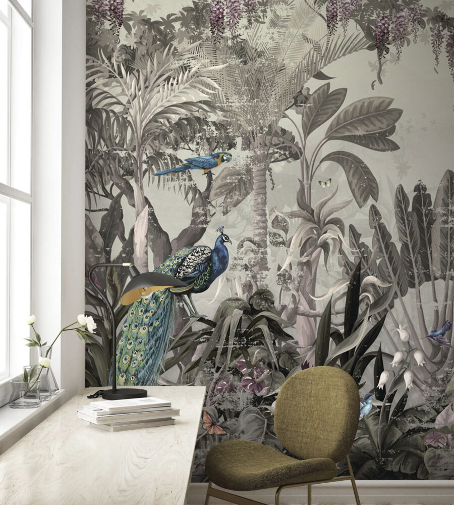 Wallpaper with birds and plants