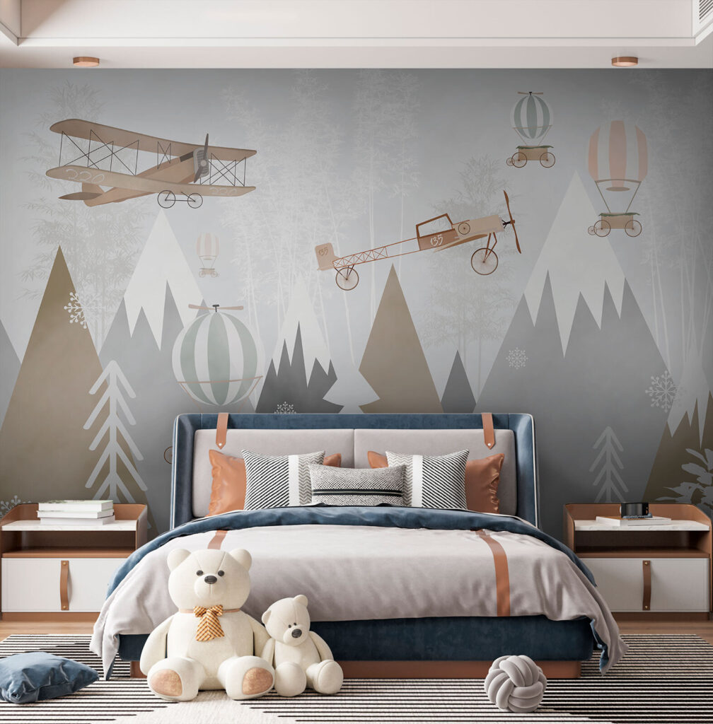 Wall mural of airplanes and hot air balloons flying over mountains Wall mural of airplanes and hot air balloons flying over mountains