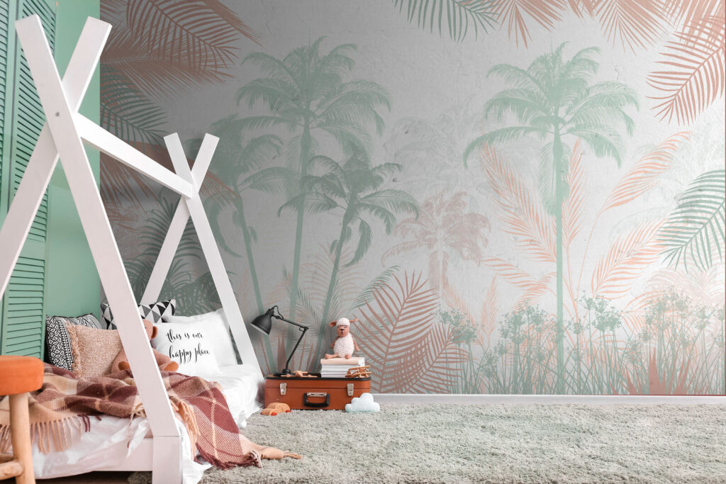 Palm trees and plants on a white background