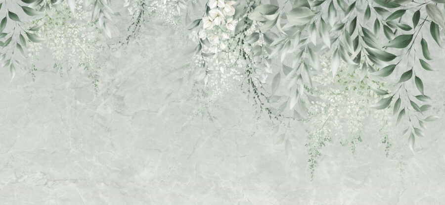White flowers and green leaves on a white background White flowers and green leaves on a white background