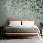 Wall murals White flowers and green leaves on a white background