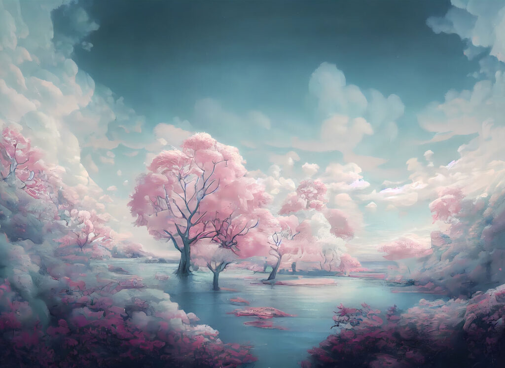 Landscape of pink trees and water Landscape of pink trees and water