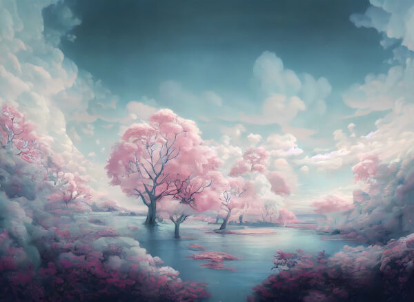 Landscape of pink trees and water Landscape of pink trees and water