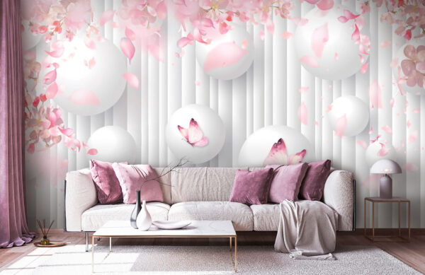 Group of white balls with pink butterflies on them Group of white balls with pink butterflies on them