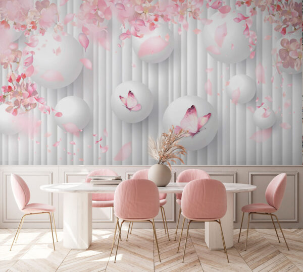 Group of white balls with pink butterflies on them Group of white balls with pink butterflies on them