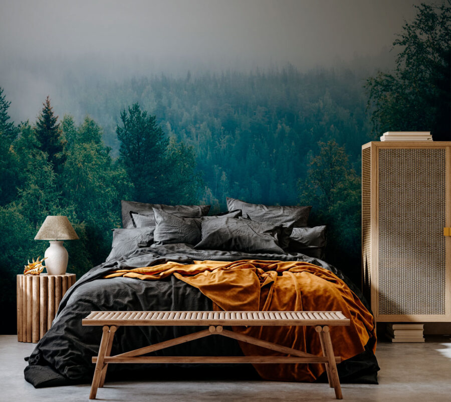 Wall murals Forest of trees with fog - Image 2
