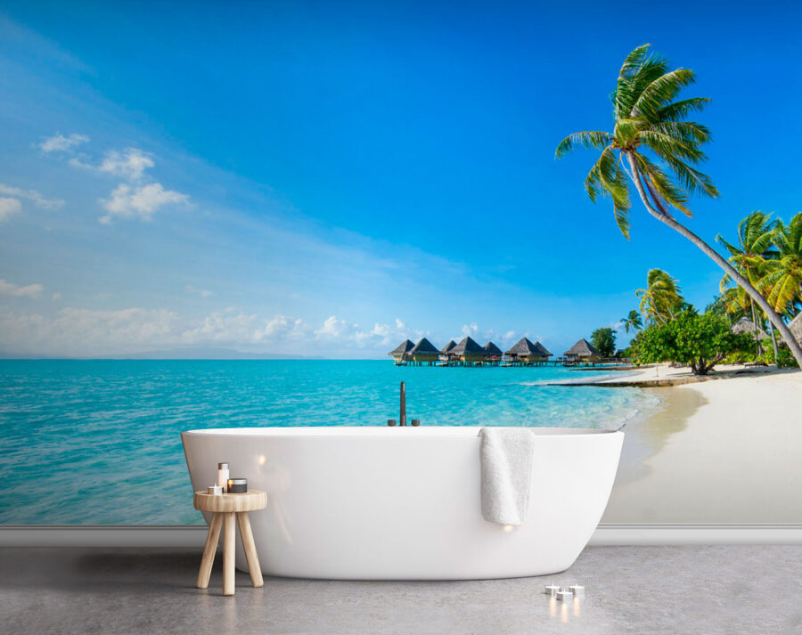Beach with palm trees and huts Beach with palm trees and huts