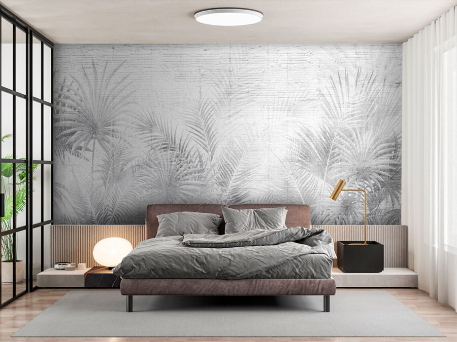 White and grey background with palm leaves