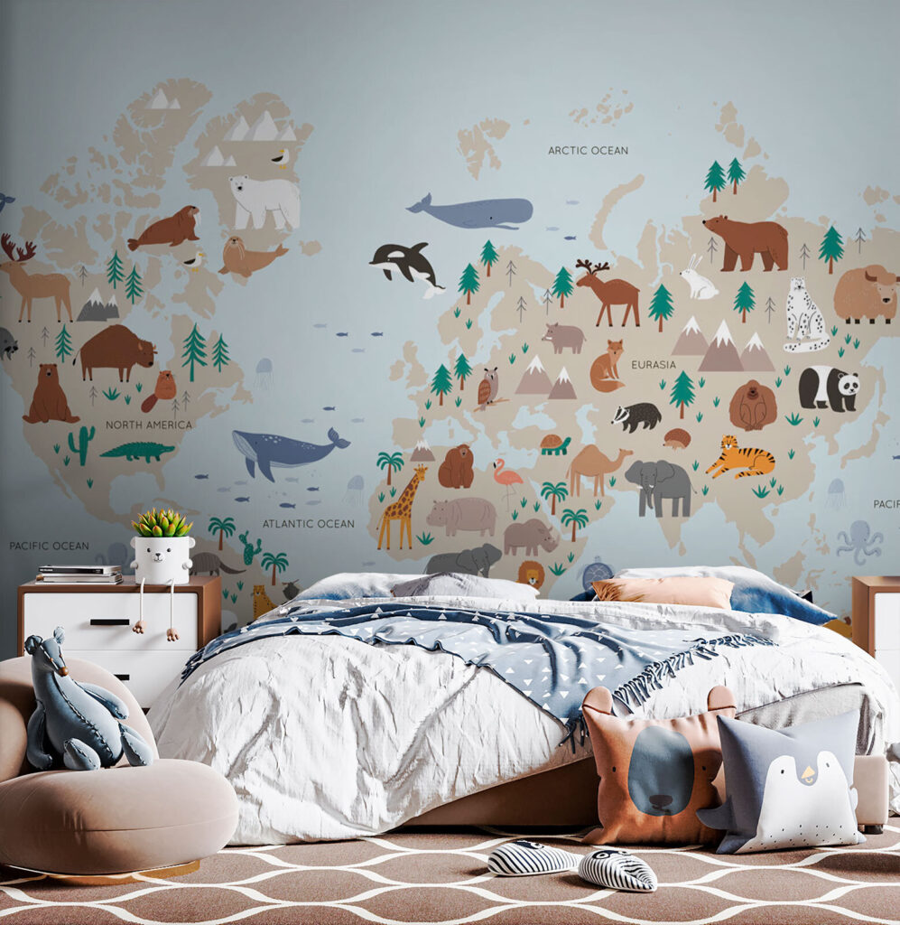 Map of the world with animals