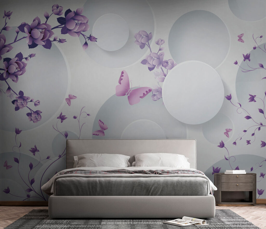 Purple flowers and white circles with purple butterflies Purple flowers and white circles with purple butterflies