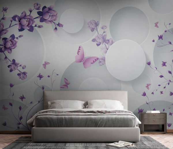 Wall murals Purple flowers and white circles with purple butterflies (SKU: u74482) Wall murals Wall murals Purple flowers and white circles with purple butterflies (SKU: u74482)