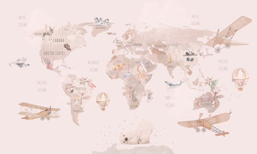 Map of the world with animals and birds