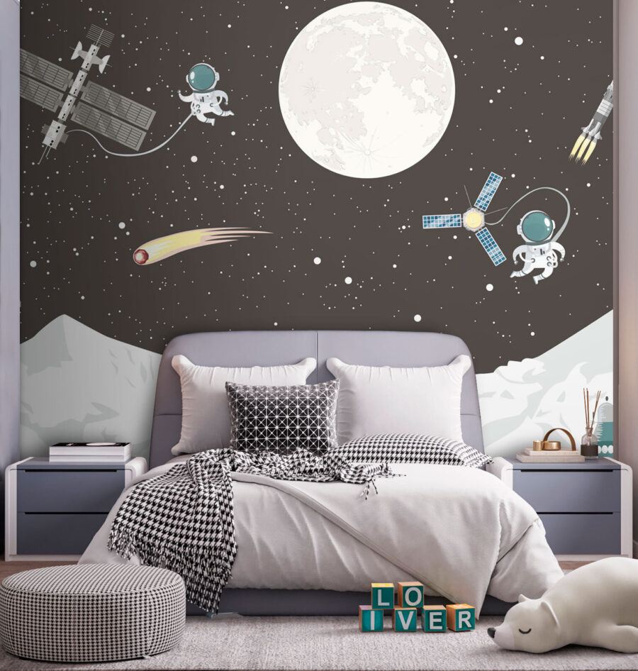 Wall murals Space scene with a moon and satellite