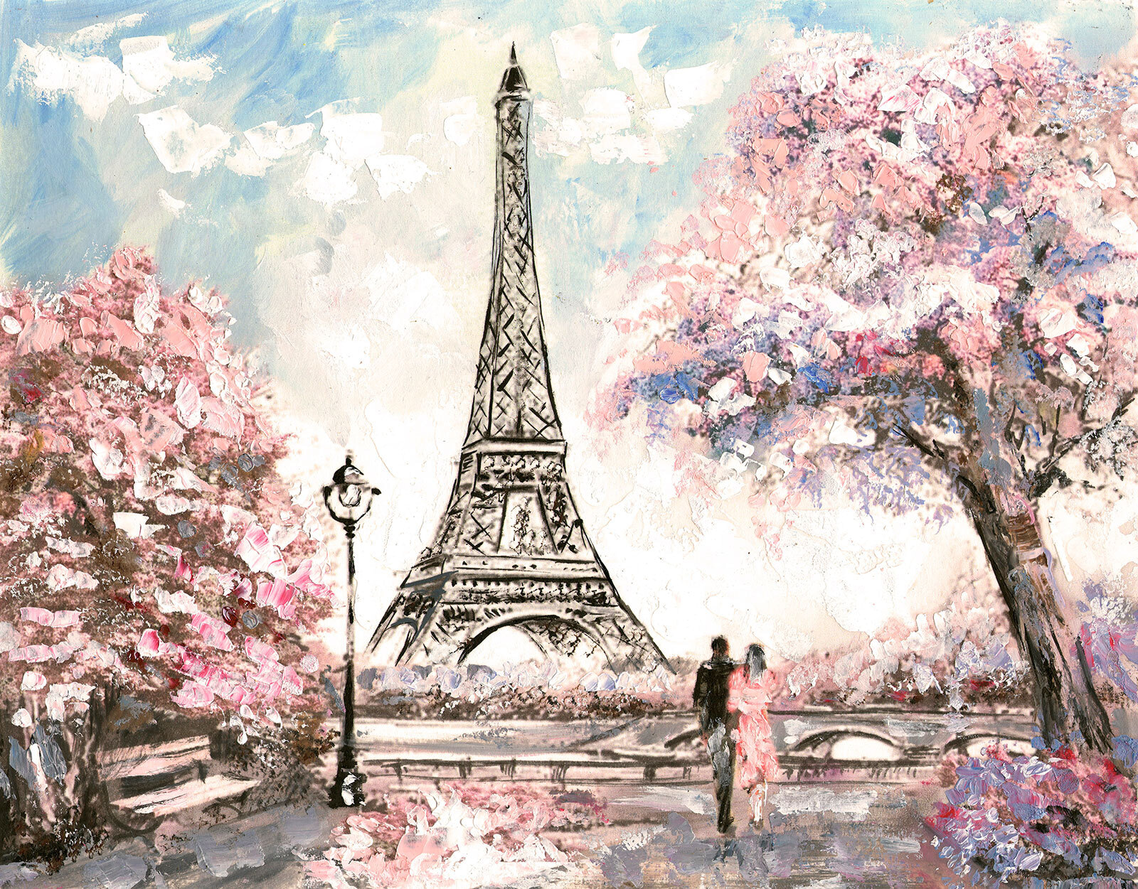 Painting of a tower with pink flowers Painting of a tower with pink flowers