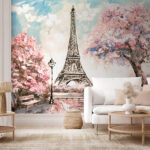 Wall murals Painting of a tower with pink flowers