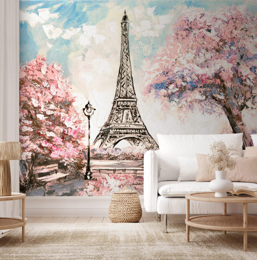 Painting of a tower with pink flowers Painting of a tower with pink flowers