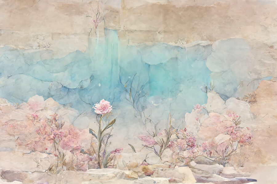 Painting of flowers and rocks