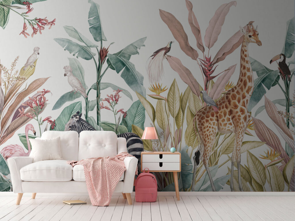 Wallpaper with zebras and birds