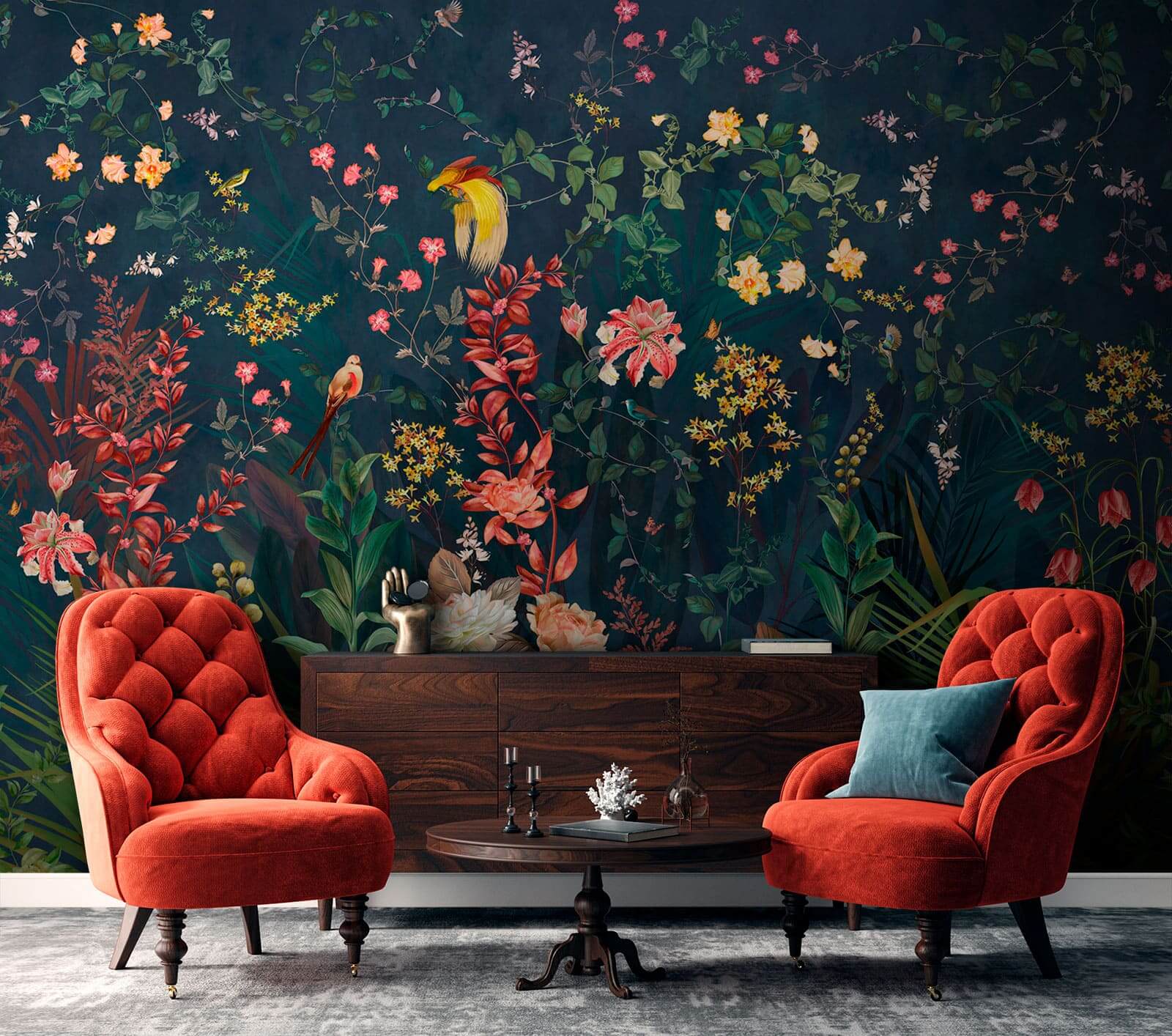 Wallpaper with flowers and birds