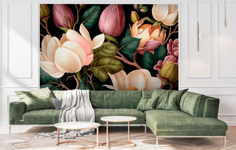 Elegant floral composition on dark background.