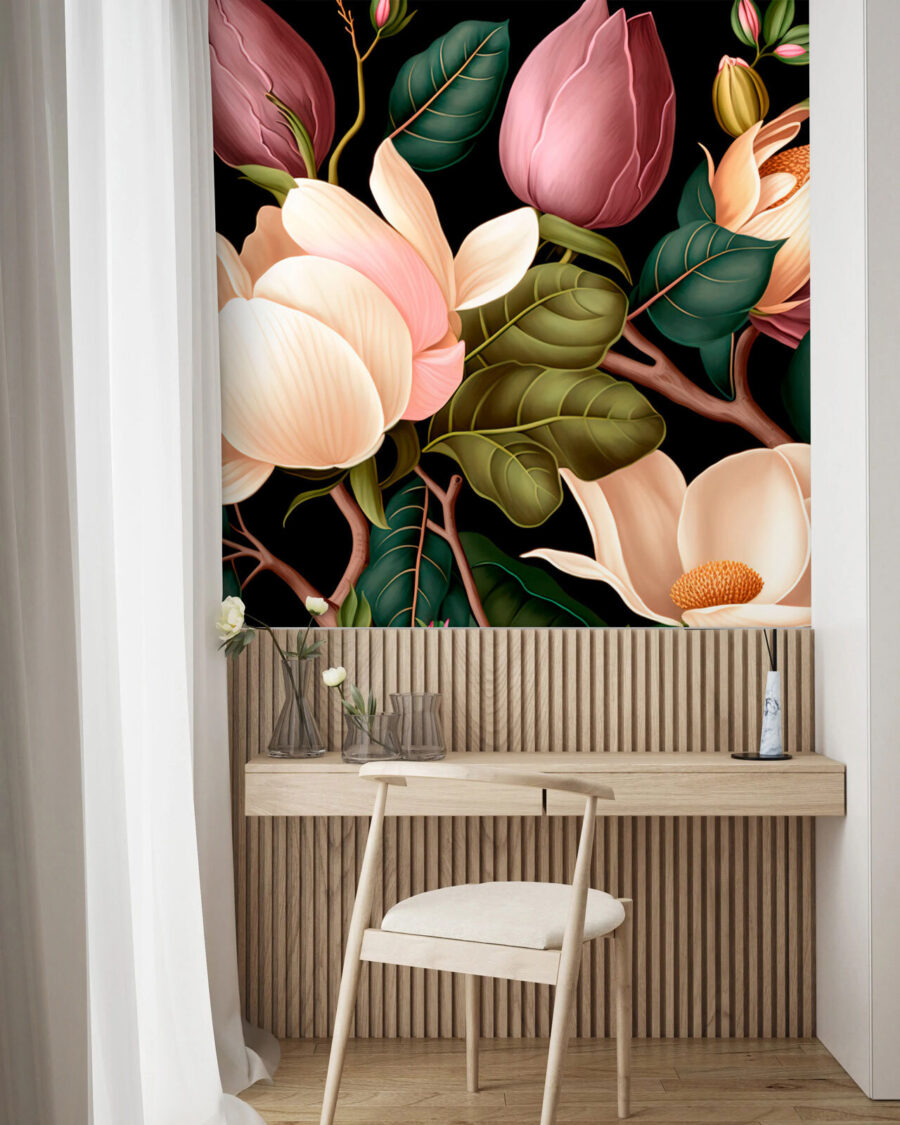 Elegant floral composition on dark background.