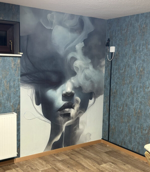 Woman with smoke coming out of her face