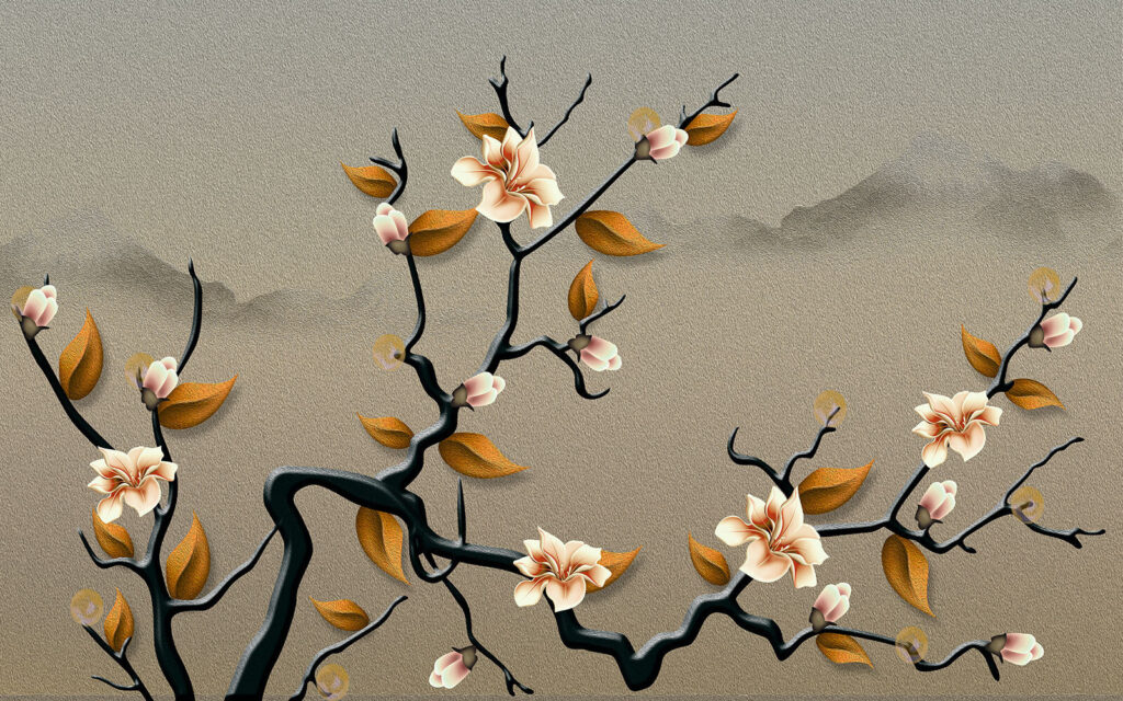 A tree branch with flowers and leaves A tree branch with flowers and leaves