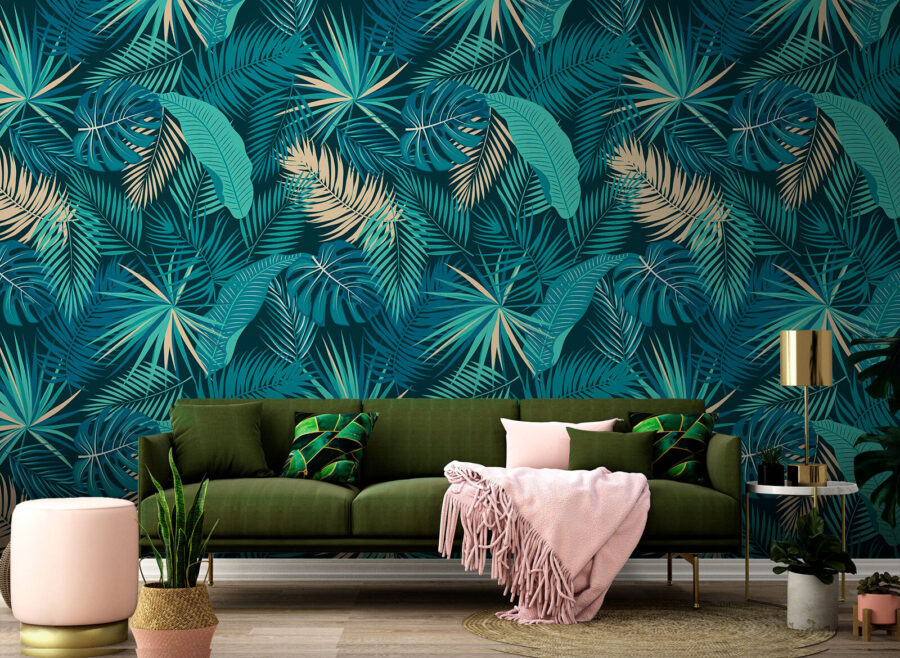 Pattern of leaves on a blue background