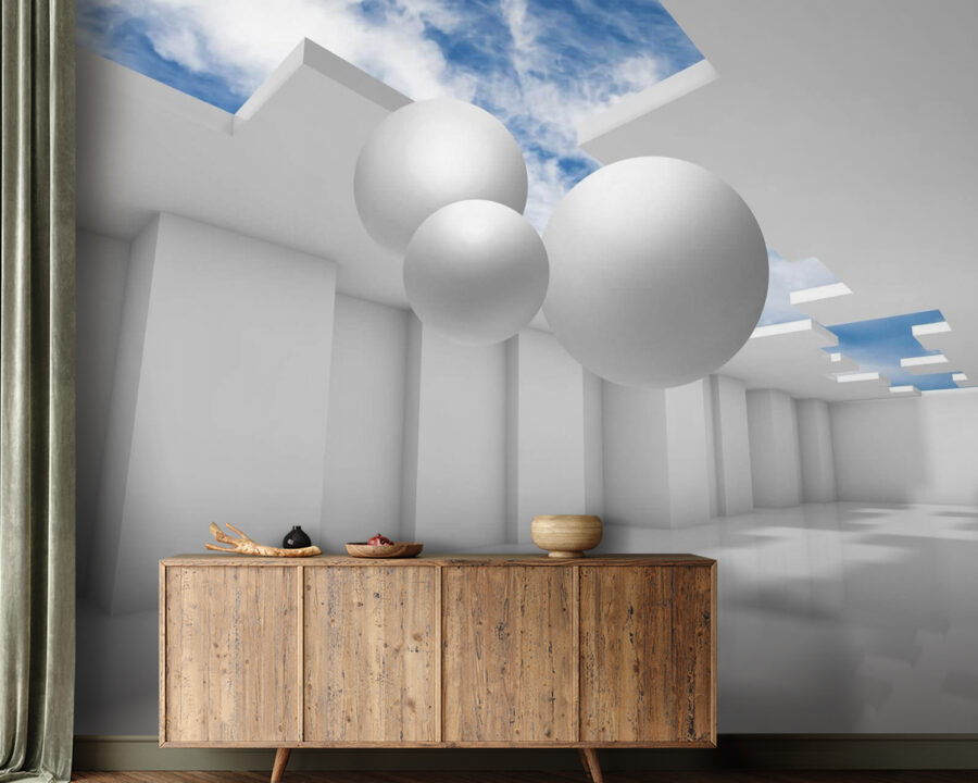 White room with white walls and white balls