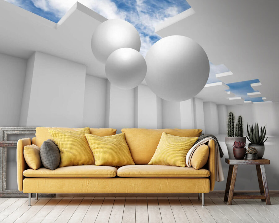 White room with white walls and white balls