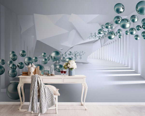 White room with white walls and white columns and silver balls White room with white walls and white columns and silver balls
