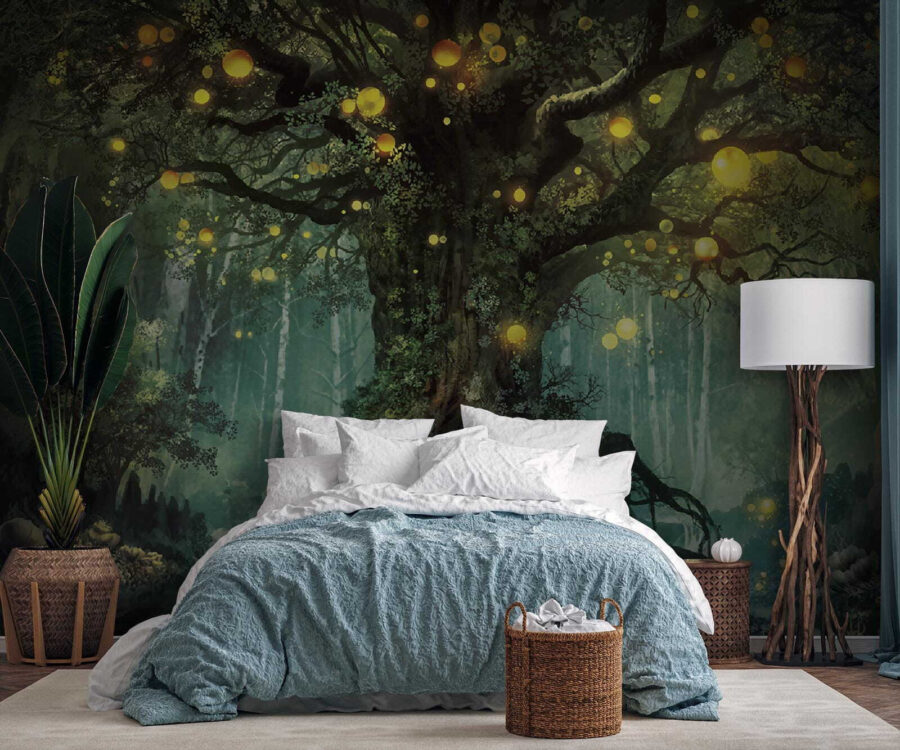 Painting of a tree with lights on it