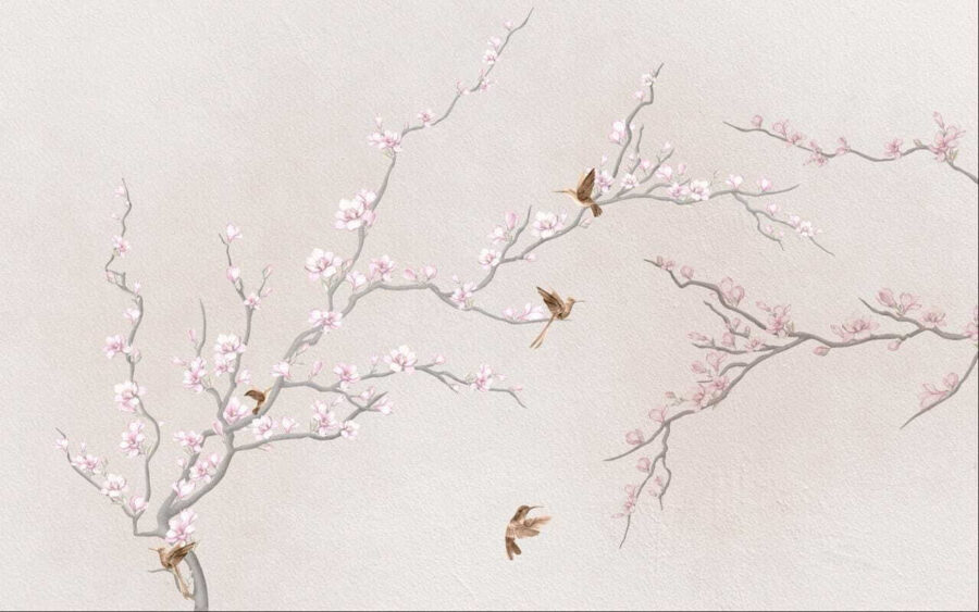 Painting of a tree branch with flowers and birds