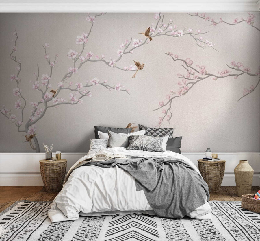 Painting of a tree branch with flowers and birds
