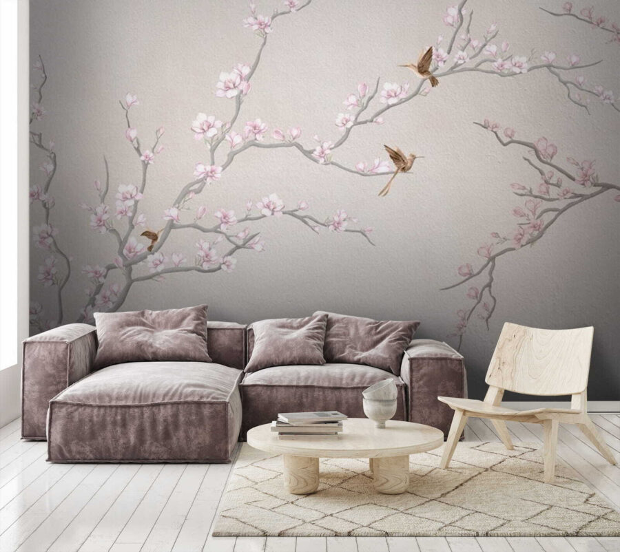 Painting of a tree branch with flowers and birds