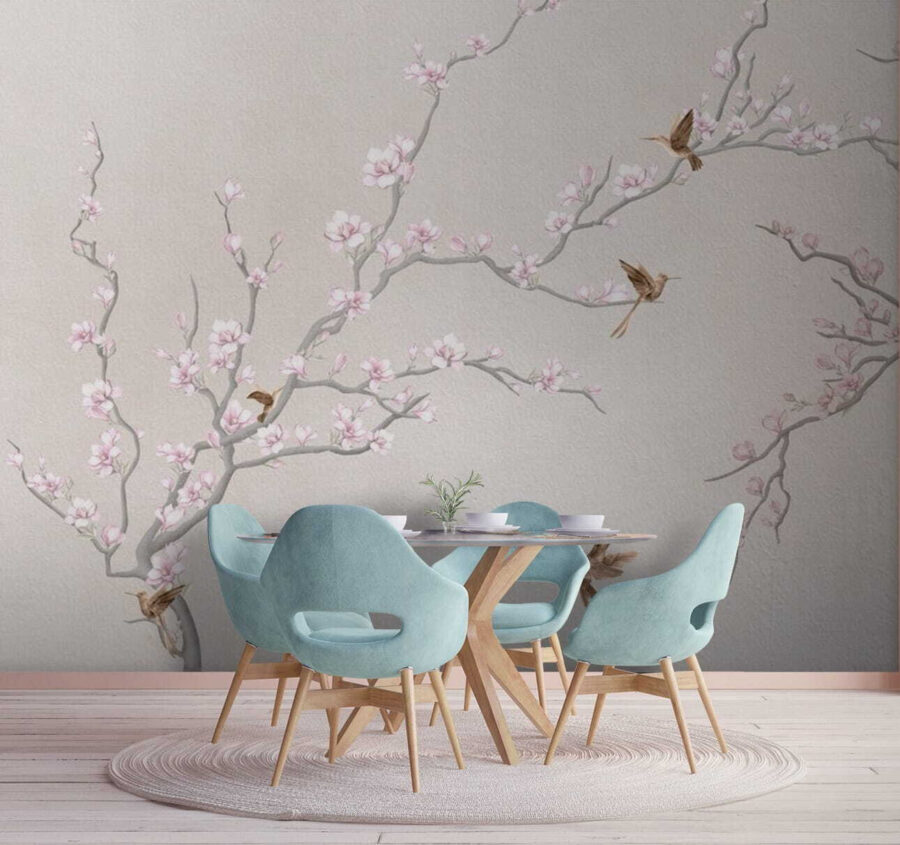 Painting of a tree branch with flowers and birds