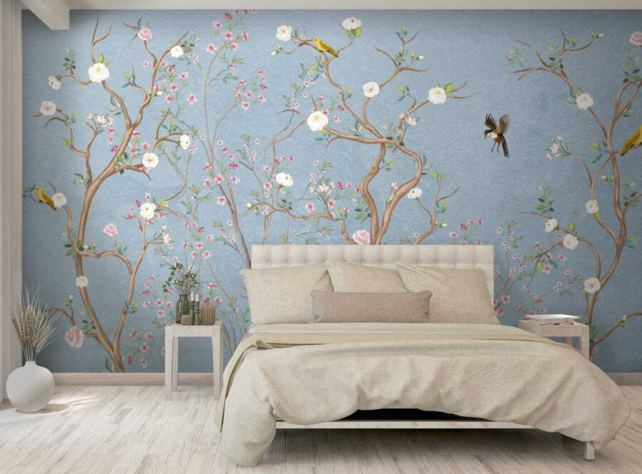 Mural of a tree with flowers and birds