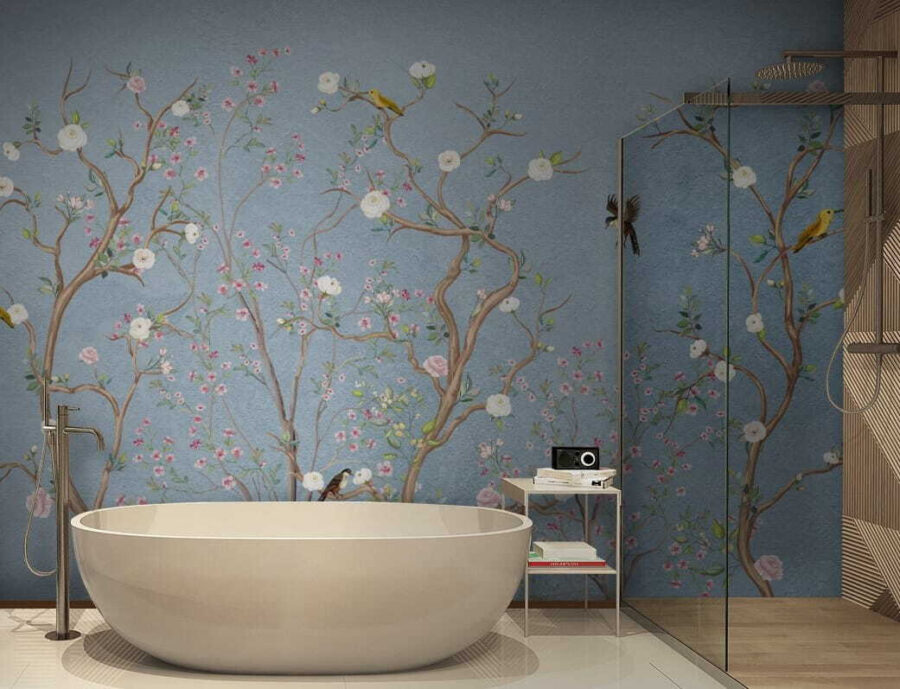 Mural of a tree with flowers and birds