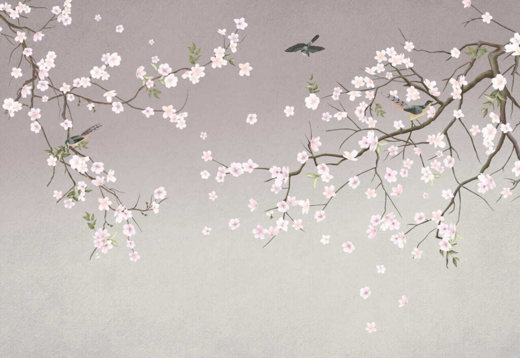 Tree branch with flowers and birds Tree branch with flowers and birds