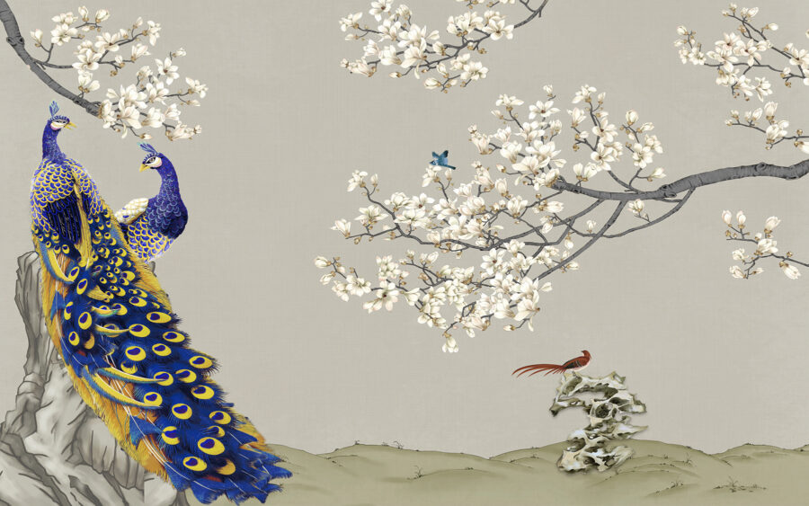 Peacock and birds on a tree