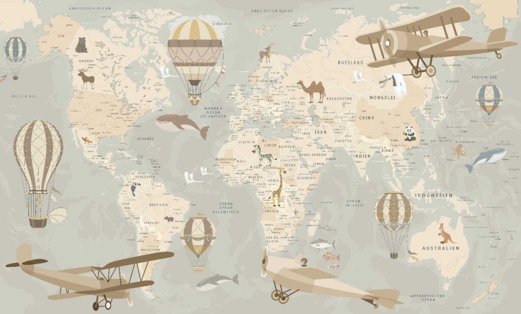 Map of the world with airplanes and hot air balloons Map of the world with airplanes and hot air balloons