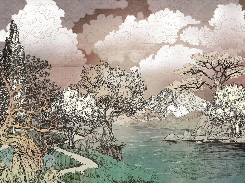 Landscape with trees and a lake Landscape with trees and a lake