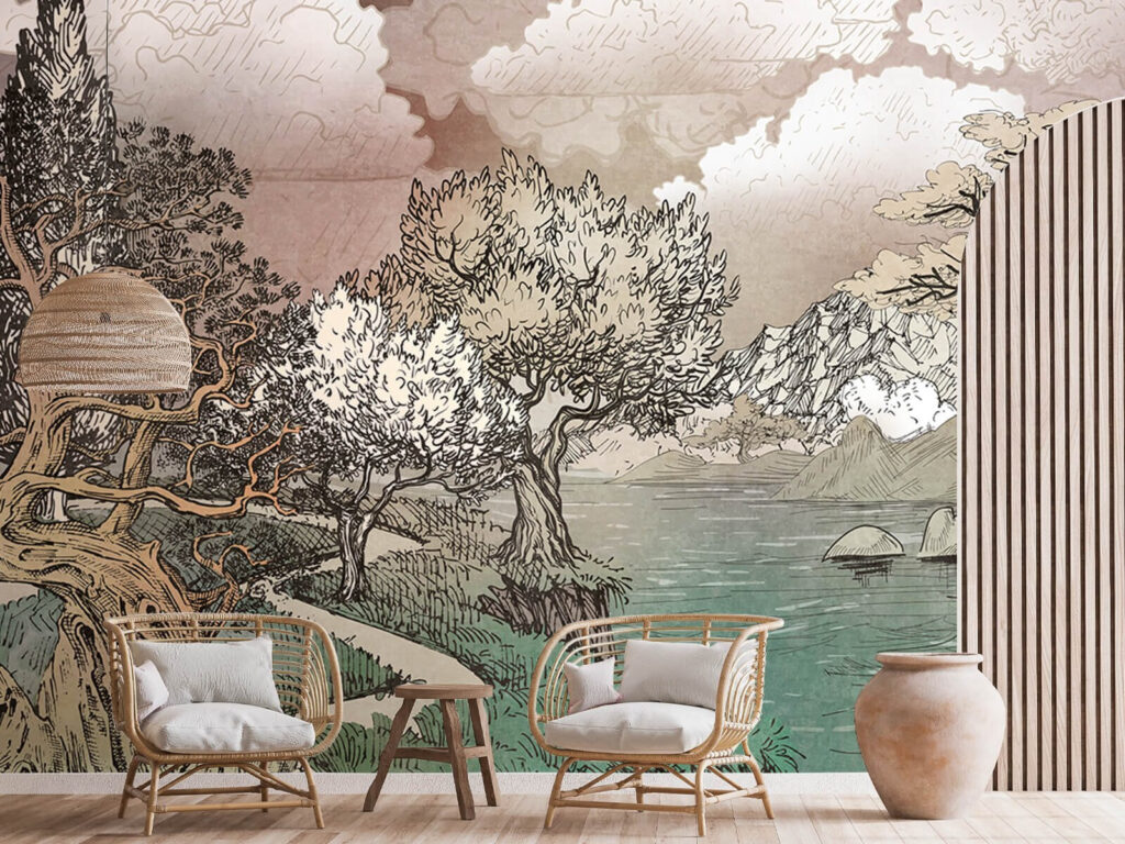 u80323pig1m 1024x768 - Landscape with trees and a lake - tegory