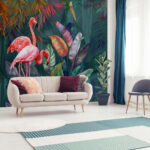 Wall murals Flamingos and colorful leaves