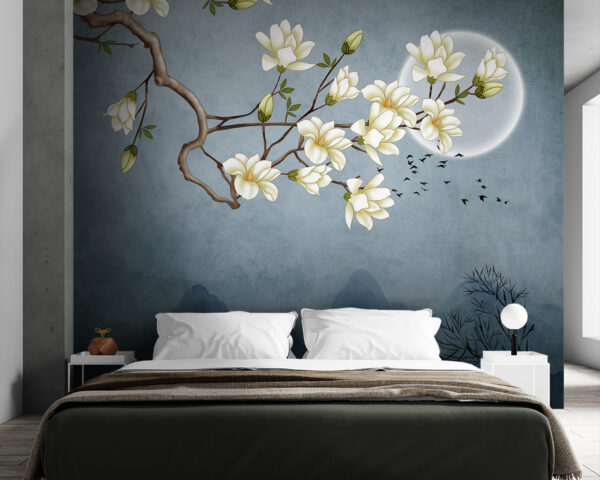 A painting of a tree branch with white flowers A painting of a tree branch with white flowers