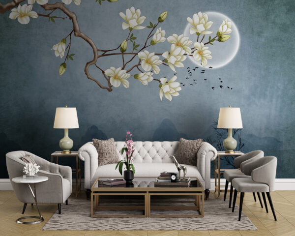 A painting of a tree branch with white flowers A painting of a tree branch with white flowers