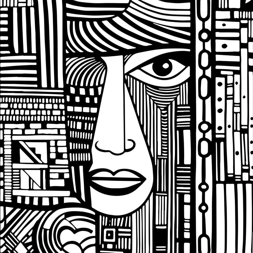 A black and white drawing of a face A black and white drawing of a face