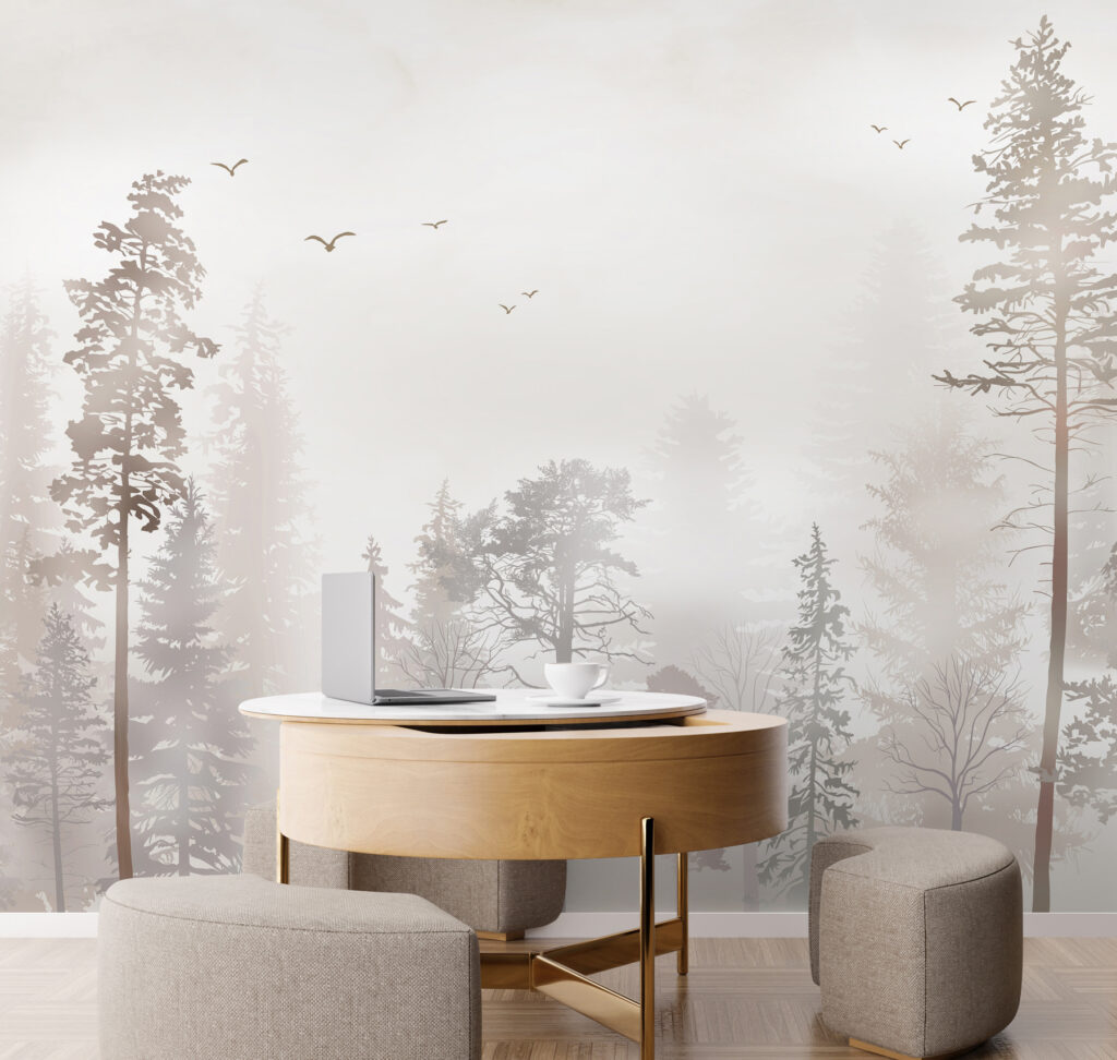 A group of trees in a foggy forest A group of trees in a foggy forest