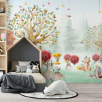 Wall murals A watercolor painting of animals in a forest