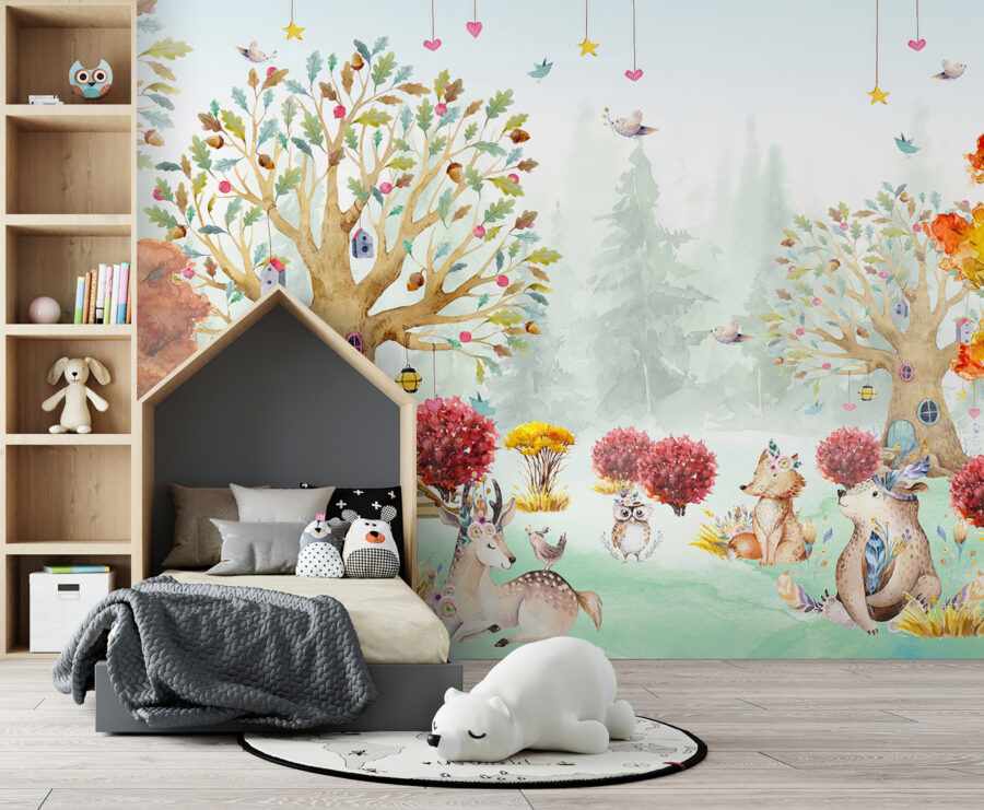 A watercolor painting of animals in a forest A watercolor painting of animals in a forest